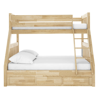 Kourtney Hardwood Triple Bunk Bed with Drawers in Natural features a twin-over-full design, guard rails, a ladder, and three storage drawers, offering space-saving functionality and solid timber construction.