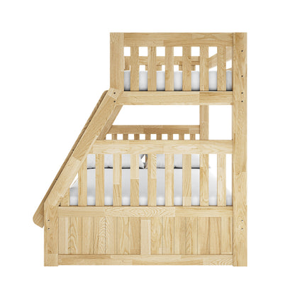 Kourtney Hardwood Triple Bunk Bed with Drawers in Natural shown with larger lower and smaller upper berths, integrated slanted ladder, and fitted mattresses, highlighting its solid-wood frame and space-saving design.