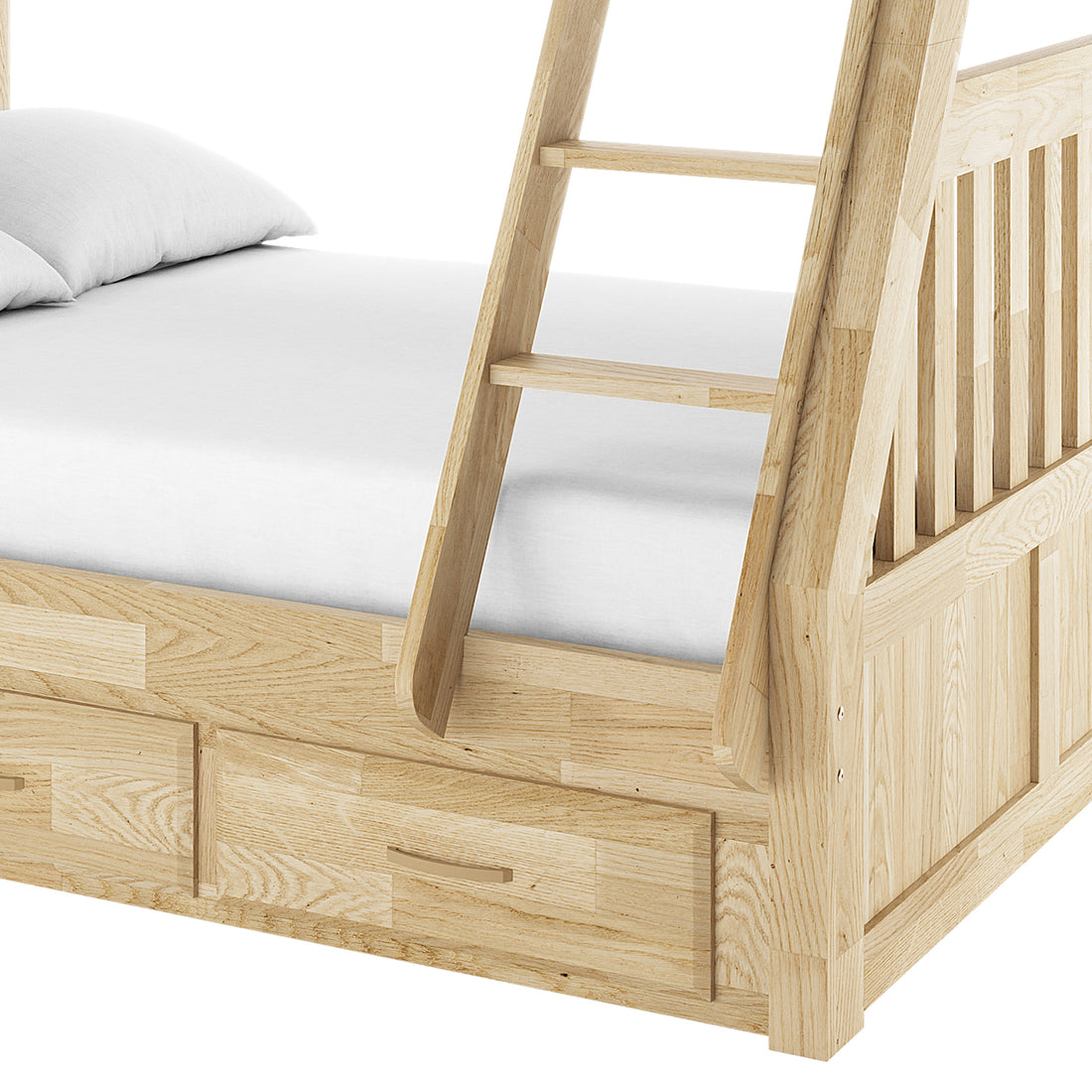 Kourtney Hardwood Triple Bunk Bed with Drawers in Natural showing the lower bed platform with a white mattress and pillow, built-in storage drawers in the side rail, and an angled ladder.