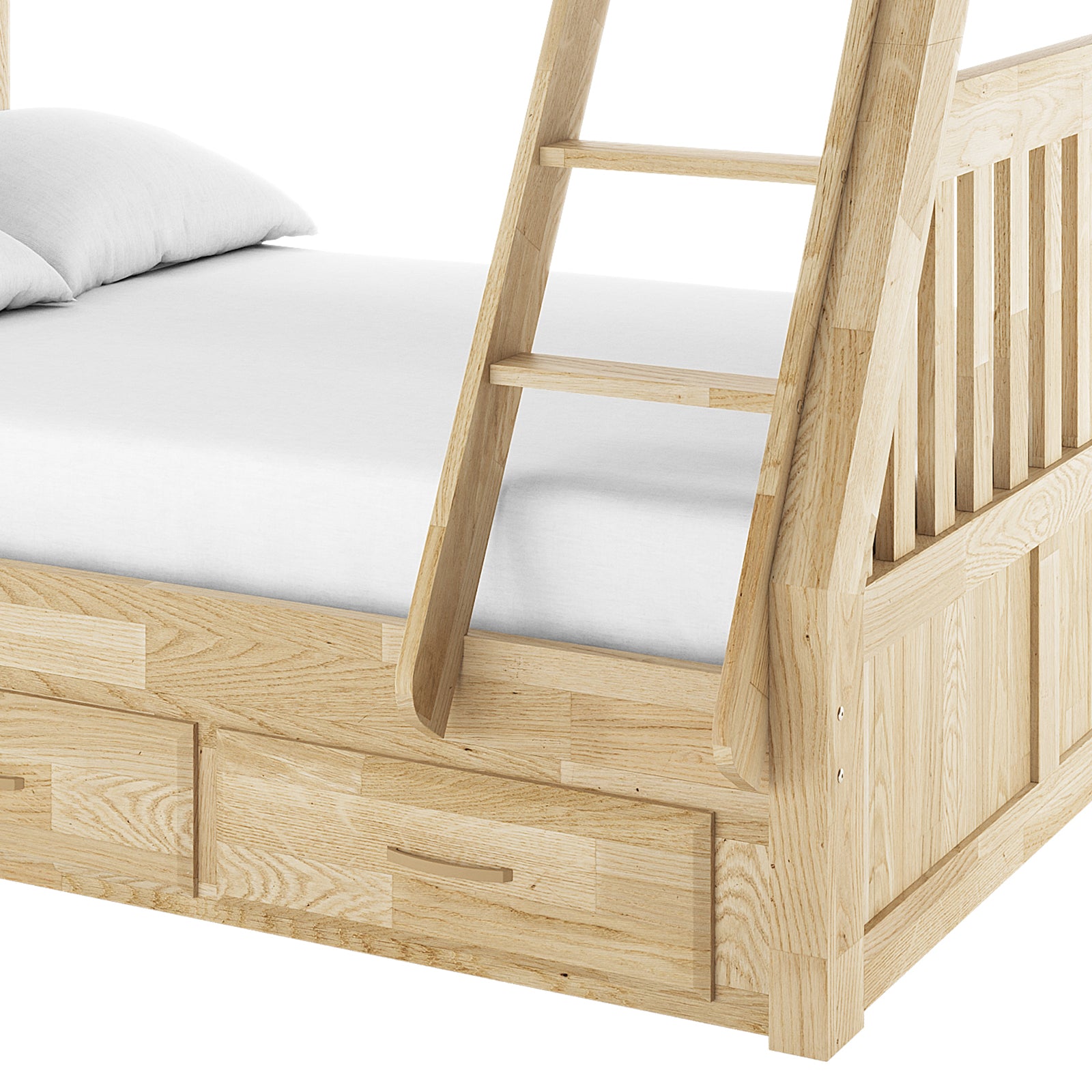 Kourtney Hardwood Triple Bunk Bed with Drawers in Natural showing the lower bed platform with a white mattress and pillow, built-in storage drawers in the side rail, and an angled ladder.