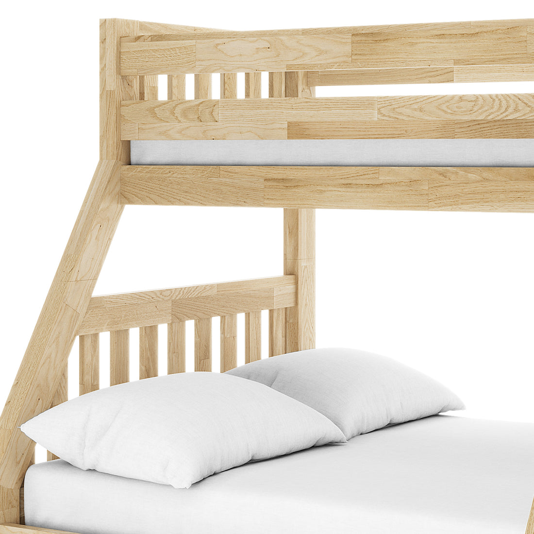 Kourtney Hardwood Triple Bunk Bed with Drawers in Natural features a two-level oak finish frame with slatted guardrails, a lower mattress with white pillows, and underbed storage drawers, perfect for space-saving.