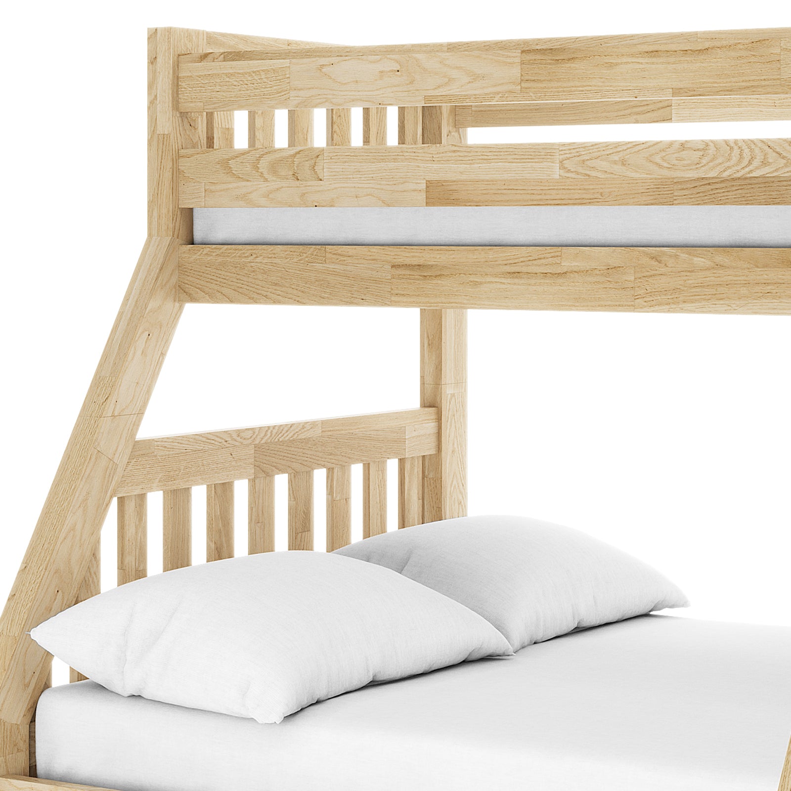 Kourtney Hardwood Triple Bunk Bed with Drawers in Natural features a two-level oak finish frame with slatted guardrails, a lower mattress with white pillows, and underbed storage drawers, perfect for space-saving.