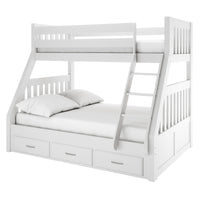 Kourtney Hardwood Triple Bunk Bed with Drawers in White features a full-size lower bunk, narrow upper bunk, angled ladder, and three pull-out storage drawers, all with slatted guardrails for safety.