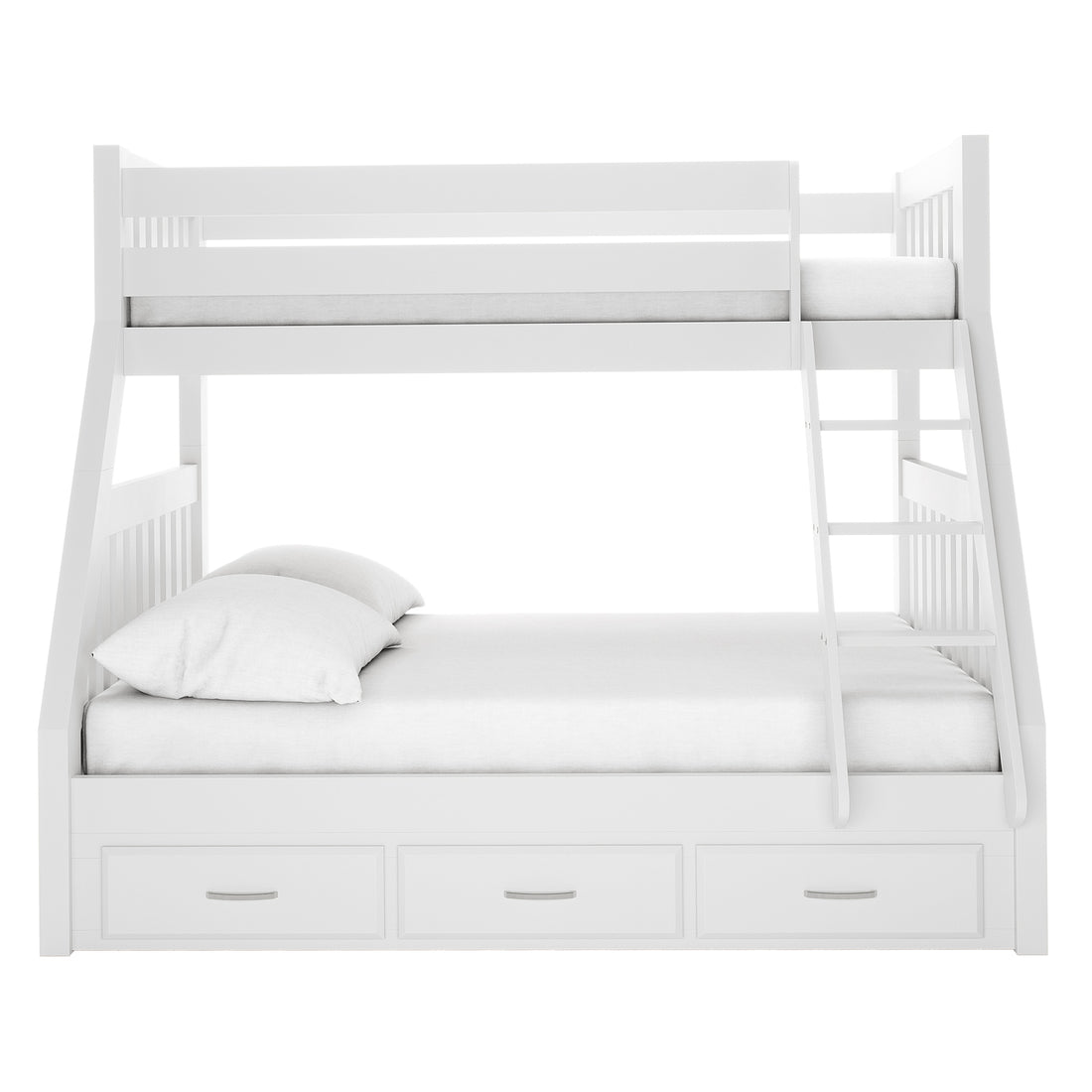 Kourtney Hardwood Triple Bunk Bed with Drawers in White features a twin upper bunk with guardrails, a full lower bunk, a right-side ladder, and three under-bed storage drawers, all in a sleek design.