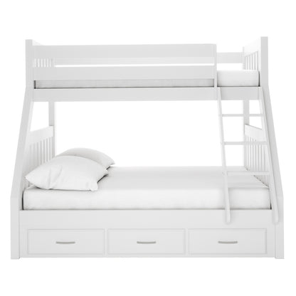 Kourtney Hardwood Triple Bunk Bed with Drawers in White features a twin upper bunk with guardrails, a full lower bunk, a right-side ladder, and three under-bed storage drawers, all in a sleek design.