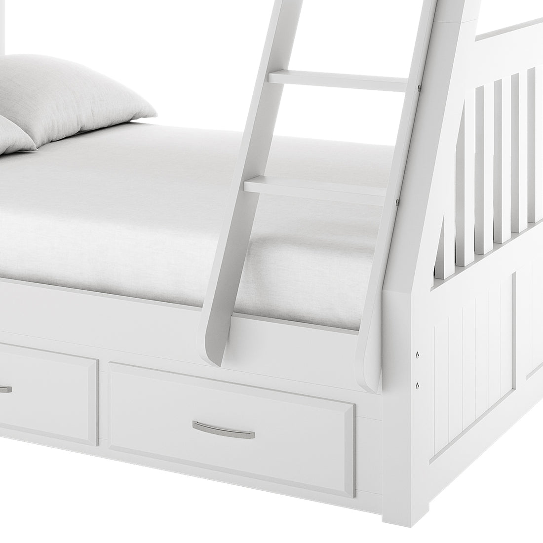 Kourtney Hardwood Triple Bunk Bed with Drawers in White, showcasing a white wooden frame, built-in ladder, two pull-out storage drawers under the lower bunk, and mattresses for three sleepers.