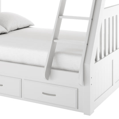 Kourtney Hardwood Triple Bunk Bed with Drawers in White, showcasing a white wooden frame, built-in ladder, two pull-out storage drawers under the lower bunk, and mattresses for three sleepers.