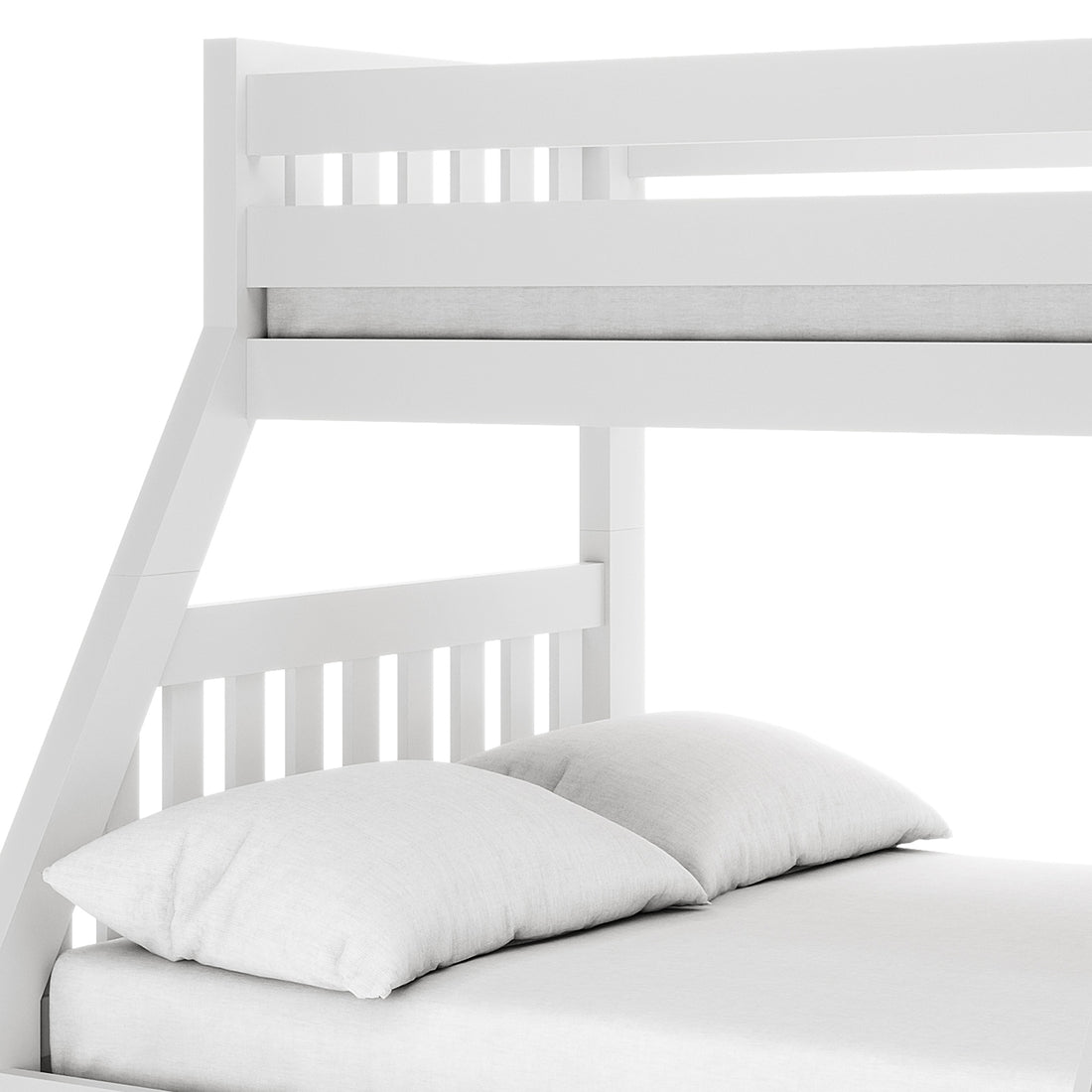 Kourtney Hardwood Triple Bunk Bed with Drawers in White features an upper bunk safety rail, angled lower bunk support, and slatted headboard, with two light-gray pillows on the lower mattress.