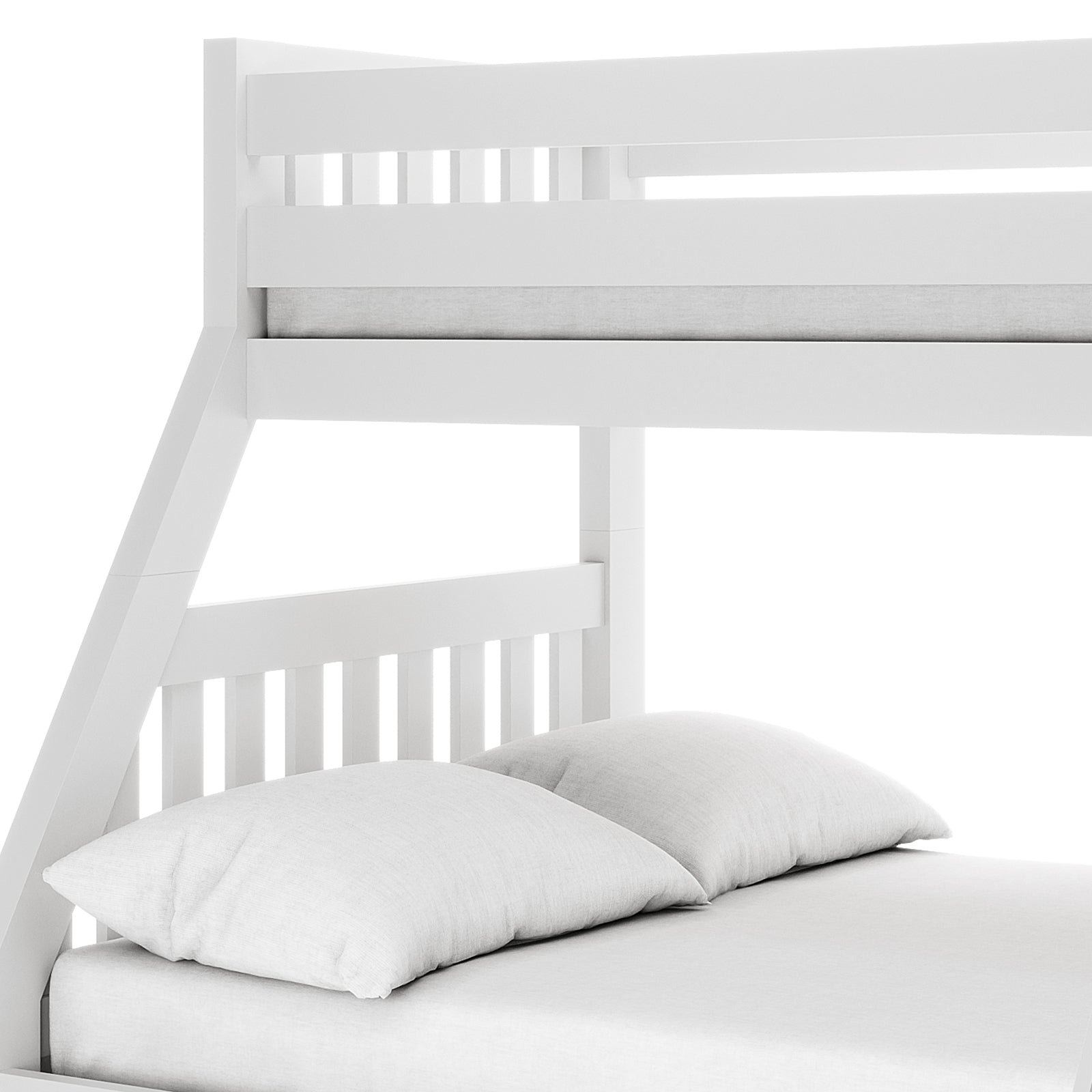 Kourtney Hardwood Triple Bunk Bed with Drawers in White features an upper bunk safety rail, angled lower bunk support, and slatted headboard, with two light-gray pillows on the lower mattress.