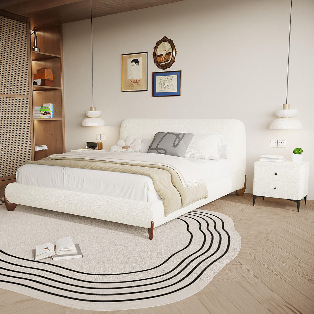 The Laryn Queen Plush Boucle Cloud Bed Frame in Cream White is showcased, featuring a luxurious upholstered platform with a puffy headboard, set in a serene, modern bedroom with minimalist decor.