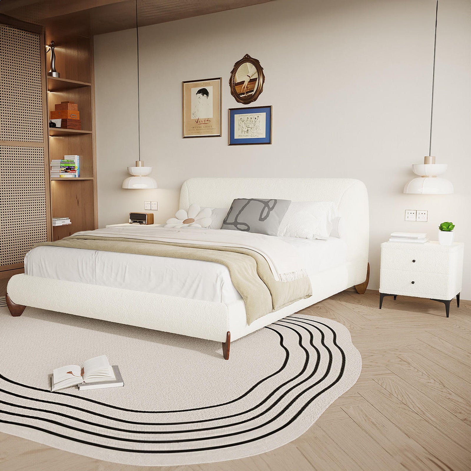 The Laryn Queen Plush Boucle Cloud Bed Frame in Cream White is showcased, featuring a luxurious upholstered platform with a puffy headboard, set in a serene, modern bedroom with minimalist decor.