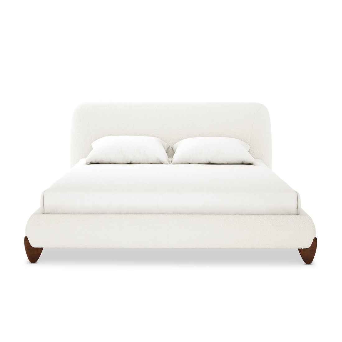 Laryn Queen Plush Boucle Cloud Bed Frame in Cream White features a low-profile platform, softly rounded upholstered headboard and frame, dressed in white bedding, resting on gently curved wooden legs.