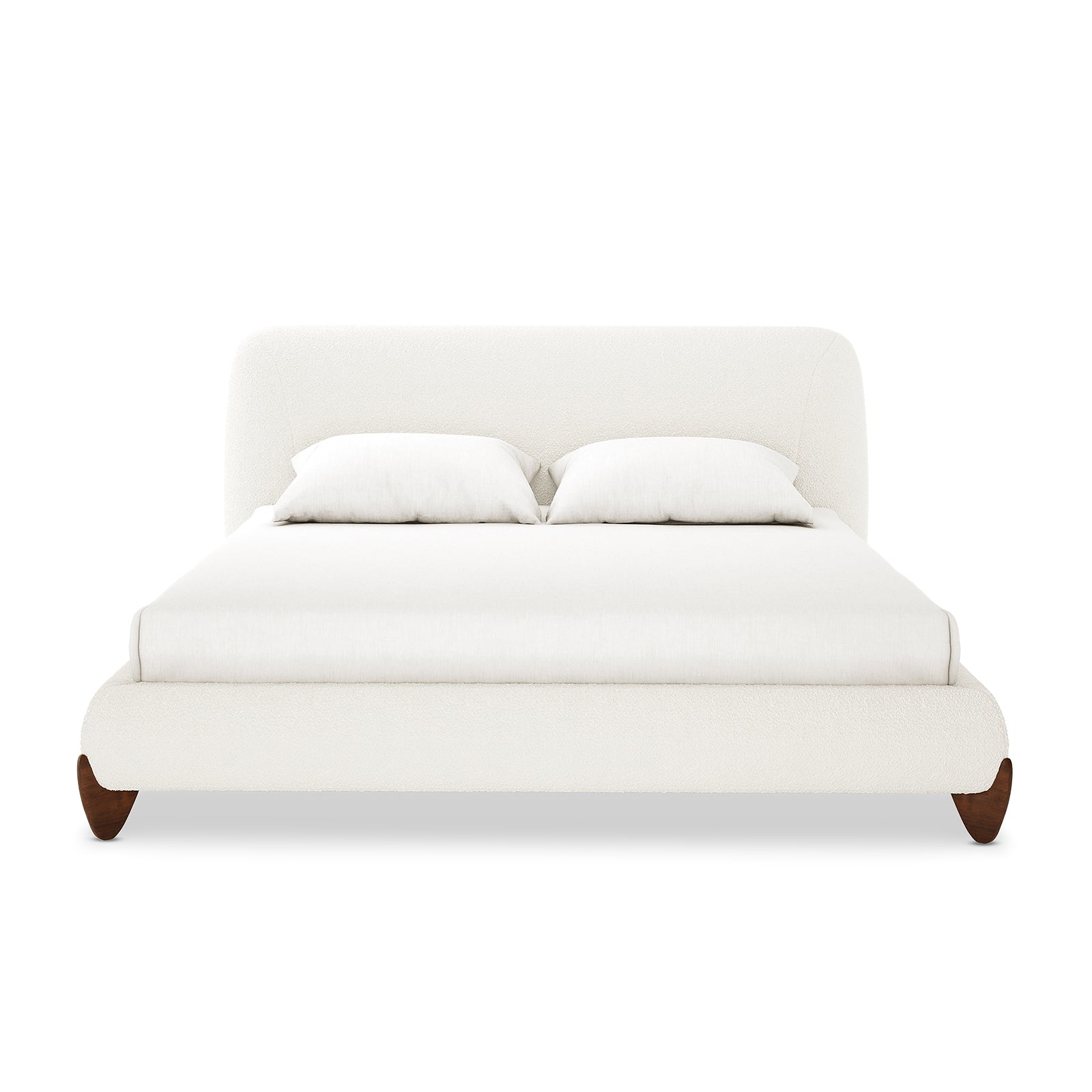 Laryn Queen Plush Boucle Cloud Bed Frame in Cream White features a low-profile platform, softly rounded upholstered headboard and frame, dressed in white bedding, resting on gently curved wooden legs.