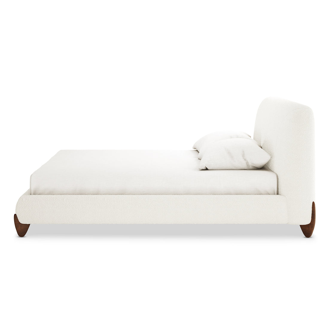 Laryn Queen Boucle Upholstered Bed Frame – Cream White features a low-profile, curved headboard, matching side rails, and footboard in soft ivory fabric with wooden legs, exuding modern elegance and comfort.