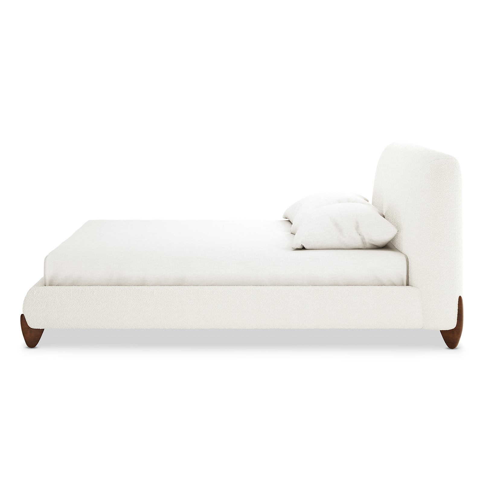 Laryn Queen Boucle Upholstered Bed Frame – Cream White features a low-profile, curved headboard, matching side rails, and footboard in soft ivory fabric with wooden legs, exuding modern elegance and comfort.