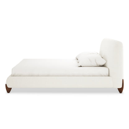 Laryn Queen Boucle Upholstered Bed Frame – Cream White features a low-profile, curved headboard, matching side rails, and footboard in soft ivory fabric with wooden legs, exuding modern elegance and comfort.