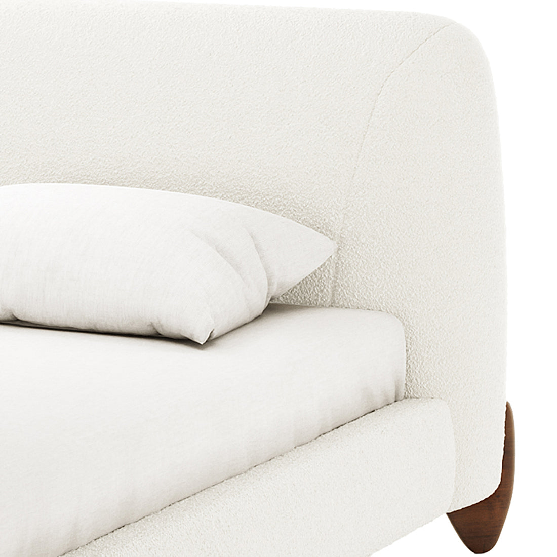 Laryn Queen Boucle Upholstered Bed Frame – Cream White close-up, showcasing a rounded headboard and side rail in textured boucle fabric, white pillow on mattress, and tapered wooden leg.