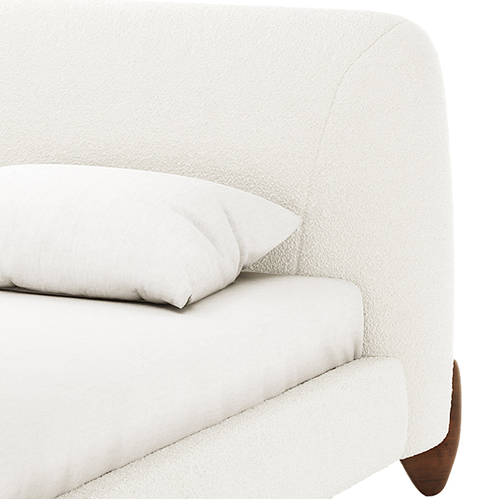 Laryn Queen Boucle Upholstered Bed Frame – Cream White close-up, showcasing a rounded headboard and side rail in textured boucle fabric, white pillow on mattress, and tapered wooden leg.
