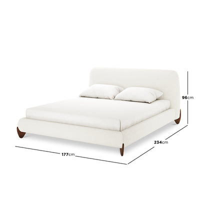 Laryn Queen Plush Boucle Cloud Bed Frame in Cream White, featuring a low-profile design with a softly curved headboard, matching pillows, and short wooden legs. Dimensions: 234cm deep, 177cm wide, 96cm tall.