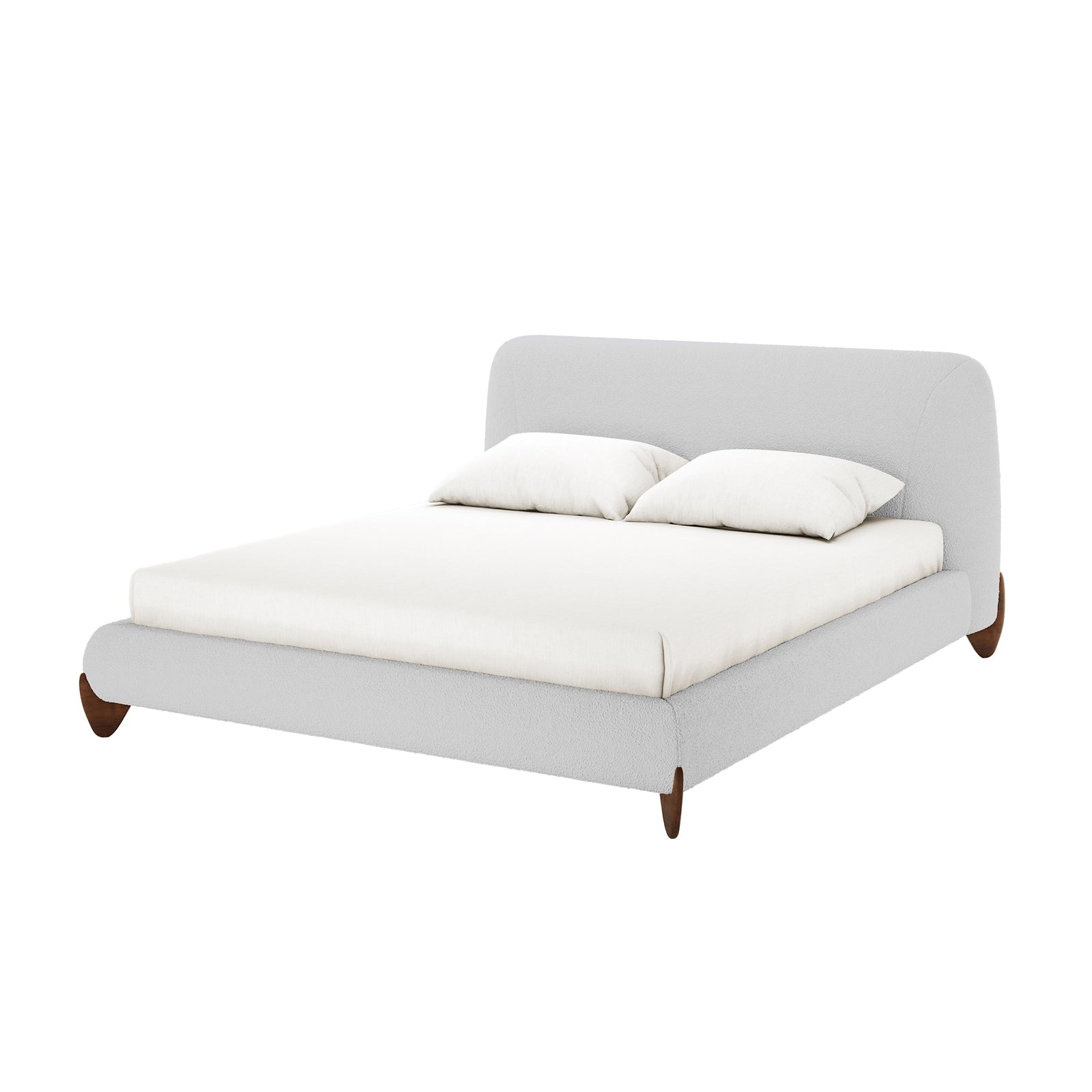 Laryn Queen Plush Bouclé Cloud Bed Frame in Light Grey features a curved headboard, light sheets, and two pillows. The low frame sits on short, turned wooden legs, offering a modern, elegant look.
