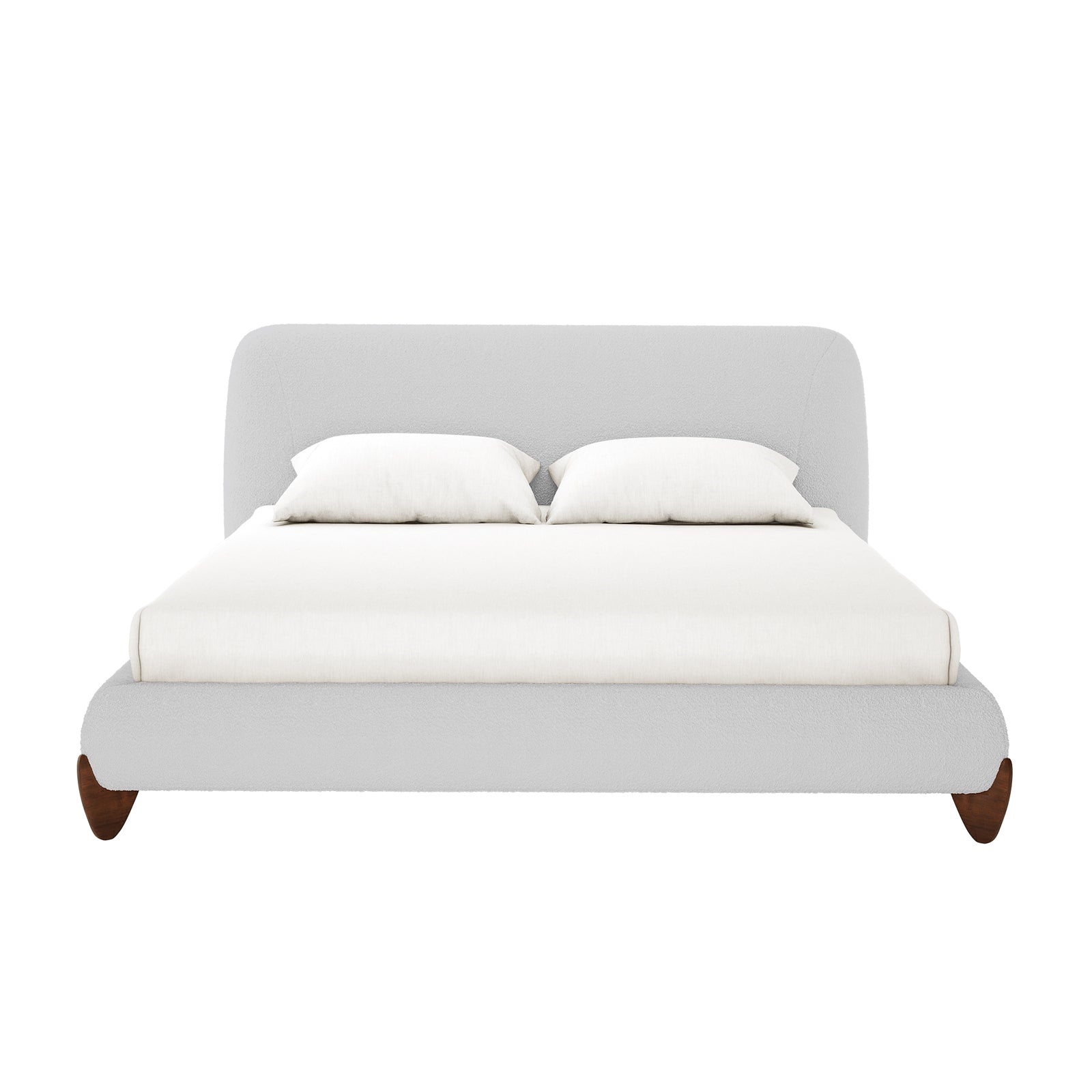 Laryn Queen Plush Bouclé Cloud Bed Frame in Light Grey features a softly rounded, upholstered headboard, matching frame, and curved wooden legs, all elegantly styled with a minimalist, low-profile design.