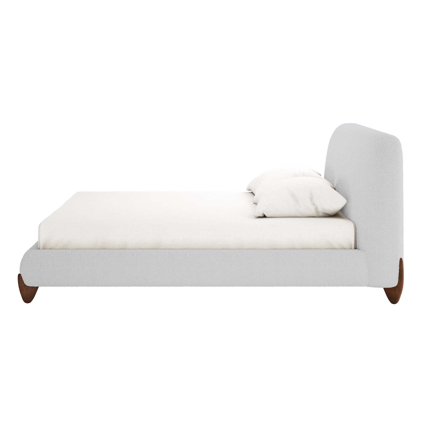 Laryn Queen Plush Bouclé Cloud Bed Frame in Light Grey with a low-profile design, padded headboard, and short wooden feet, showcasing its minimalist elegance and inviting comfort against a plain backdrop.