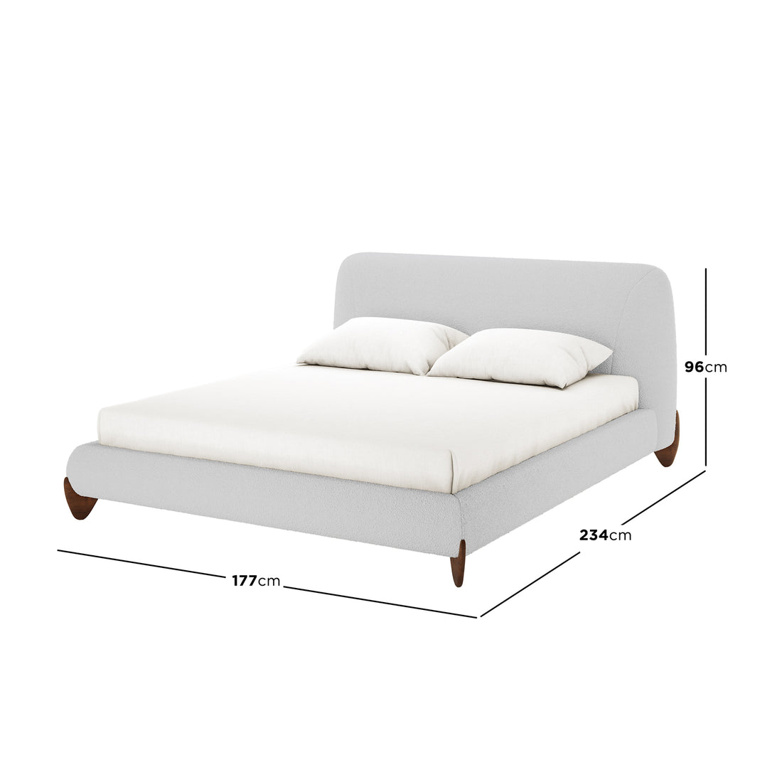 Laryn Queen Plush Boucle Cloud Bed Frame in Light Grey, featuring a curved padded headboard, light grey bouclé fabric, and short wooden legs, with dimensions shown for width, length, and headboard height.