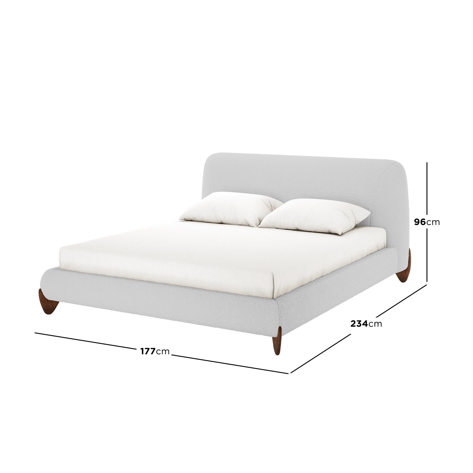 Laryn Queen Plush Boucle Cloud Bed Frame in Light Grey, featuring a curved padded headboard, light grey bouclé fabric, and short wooden legs, with dimensions shown for width, length, and headboard height.