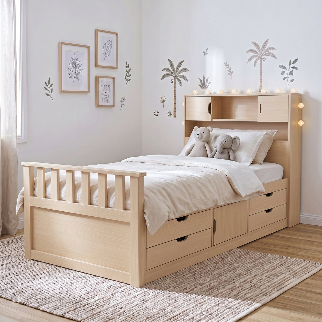 Wooden storage bed staged in a decorated bedroom with toys and lights