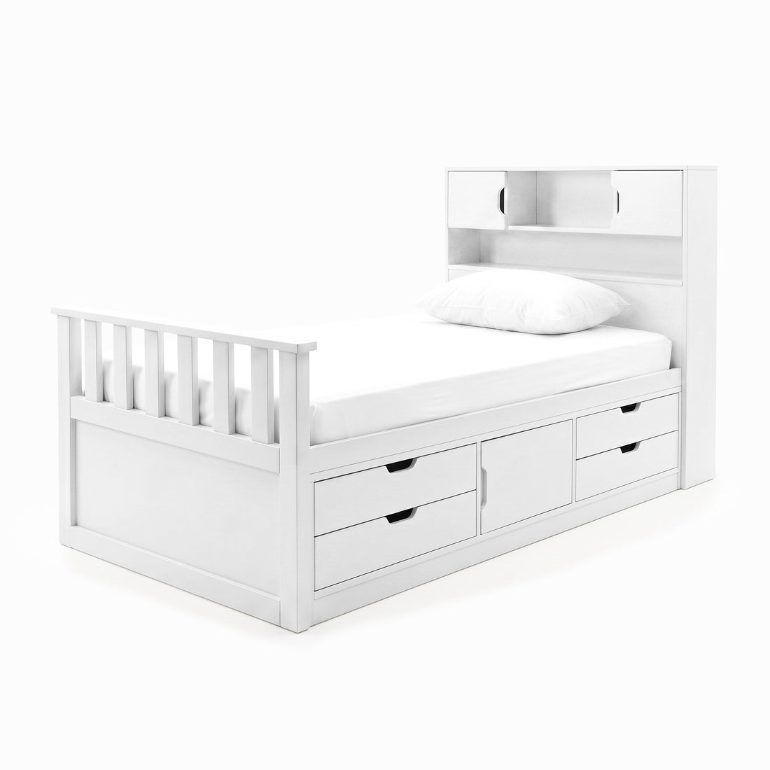 White storage bed with headboard shelves and under-bed drawers on a white background