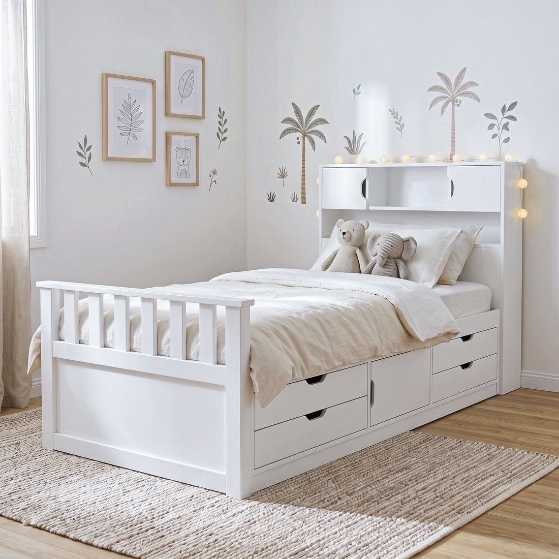 White children's storage bed styled in a cozy bedroom with bedding and plush toys