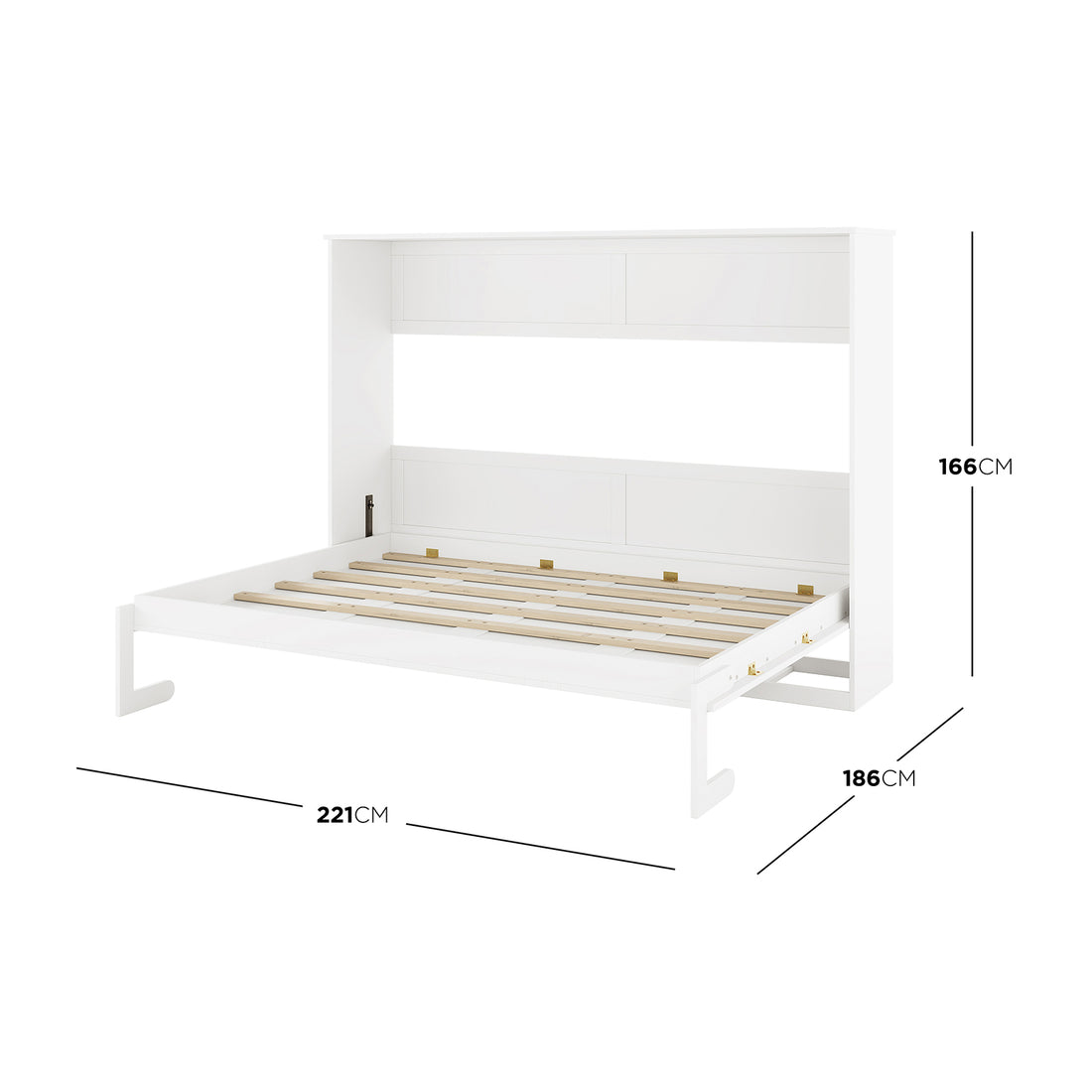 Leeton Space-Saving Queen Foldout Wall Bed White, shown open with a slatted platform, hinged from a tall cabinet with two storage compartments, highlighting dimensions: 221 cm wide, 186 cm deep, 166 cm tall.