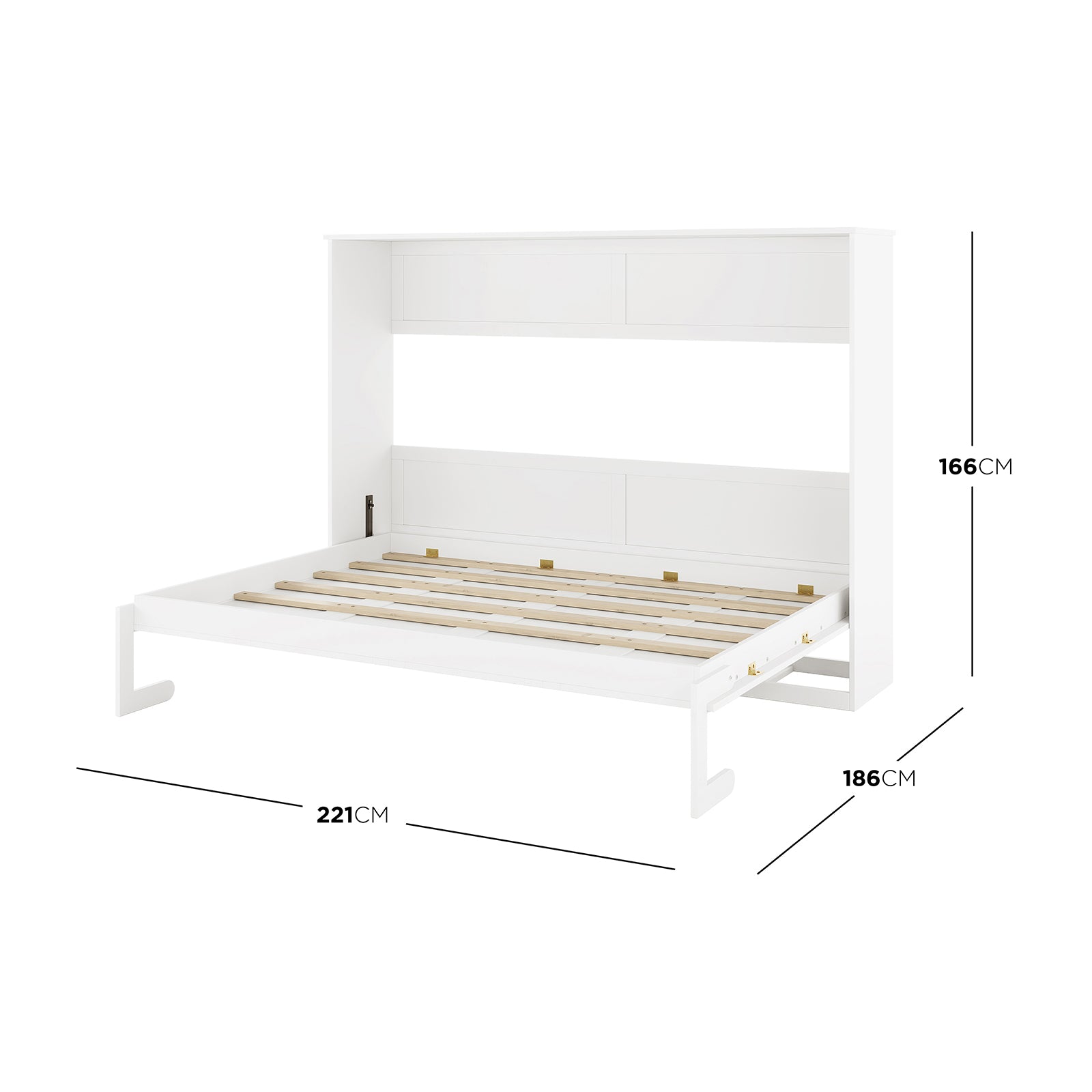 Leeton Space-Saving Queen Foldout Wall Bed White, shown open with a slatted platform, hinged from a tall cabinet with two storage compartments, highlighting dimensions: 221 cm wide, 186 cm deep, 166 cm tall.