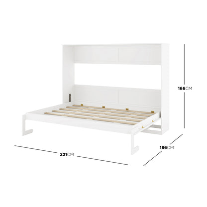 Leeton Space-Saving Queen Foldout Wall Bed White, shown open with a slatted platform, hinged from a tall cabinet with two storage compartments, highlighting dimensions: 221 cm wide, 186 cm deep, 166 cm tall.