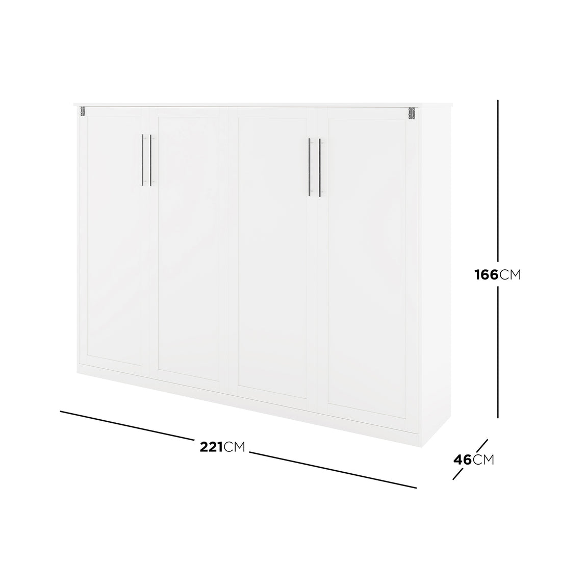 Leeton Space-Saving Queen Foldout Wall Bed White with four tall recessed-panel doors, slim vertical handles, and dimension lines: 221 cm wide, 166 cm high, 46 cm deep.