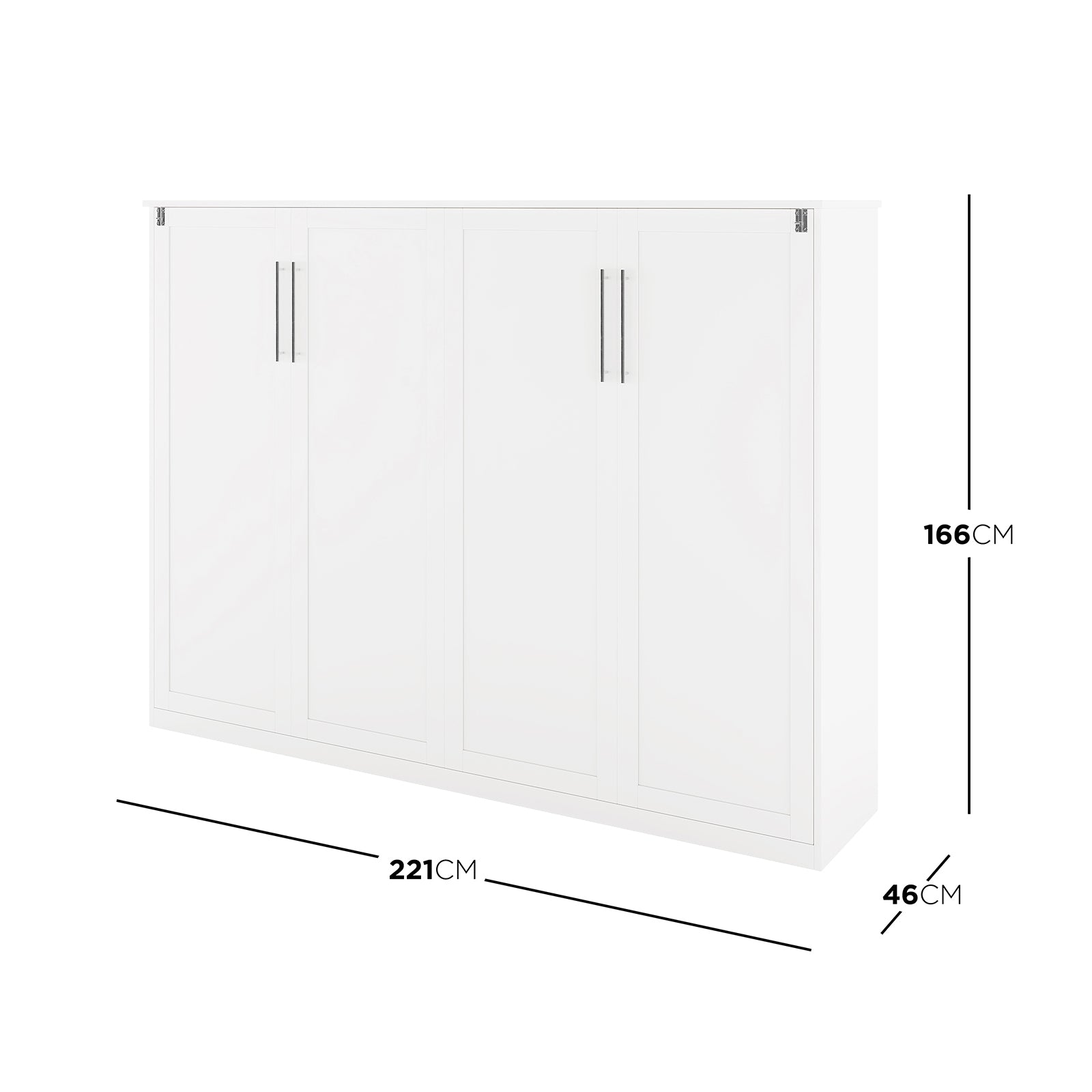 Leeton Space-Saving Queen Foldout Wall Bed White with four tall recessed-panel doors, slim vertical handles, and dimension lines: 221 cm wide, 166 cm high, 46 cm deep.