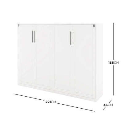 Leeton Space-Saving Queen Foldout Wall Bed White with four tall recessed-panel doors, slim vertical handles, and dimension lines: 221 cm wide, 166 cm high, 46 cm deep.