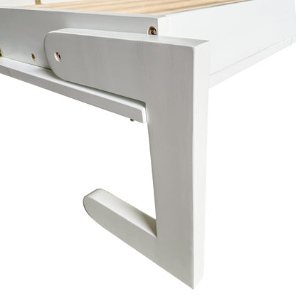 Close-up of the Leeton Space-Saving Queen Foldout Wall Bed's white wooden corner bracket, showcasing its hinged support arm and slatted platform, highlighting the bed's sturdy construction and functionality.