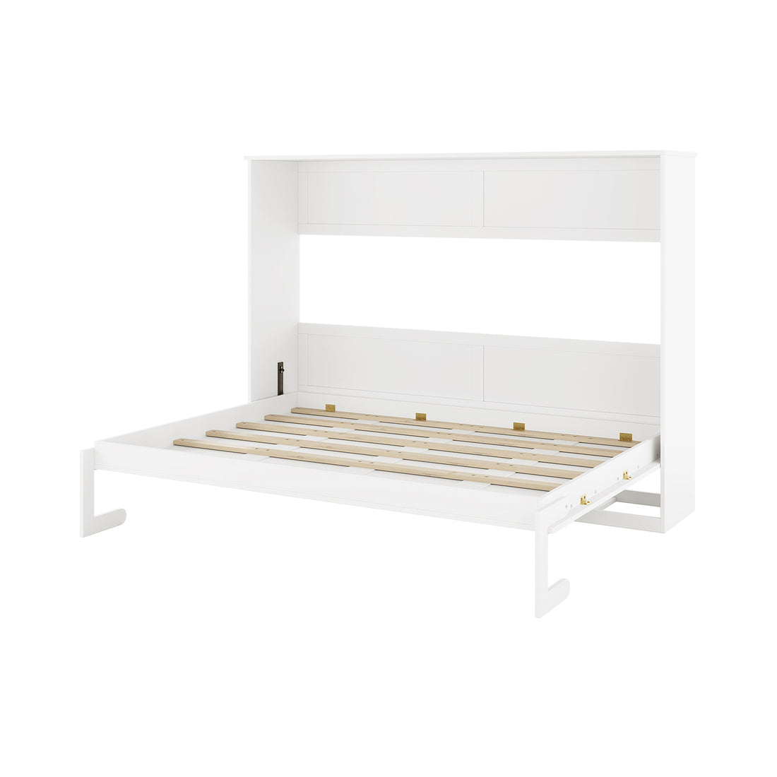 Leeton Space-Saving Queen Foldout Wall Bed White in open position, showcasing wooden slats for mattress support within a sleek cabinet.