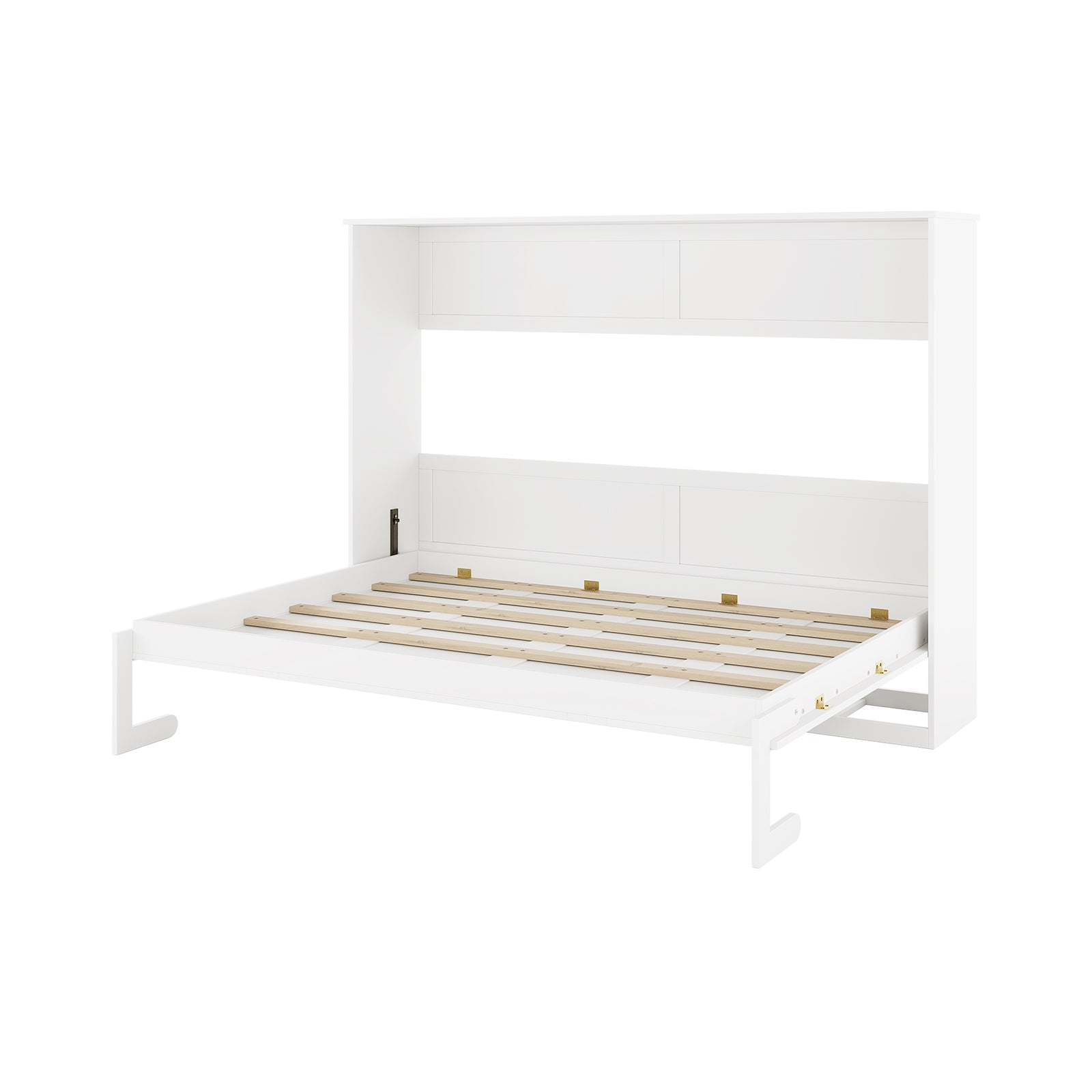 Leeton Space-Saving Queen Foldout Wall Bed White in open position, showcasing wooden slats for mattress support within a sleek cabinet.
