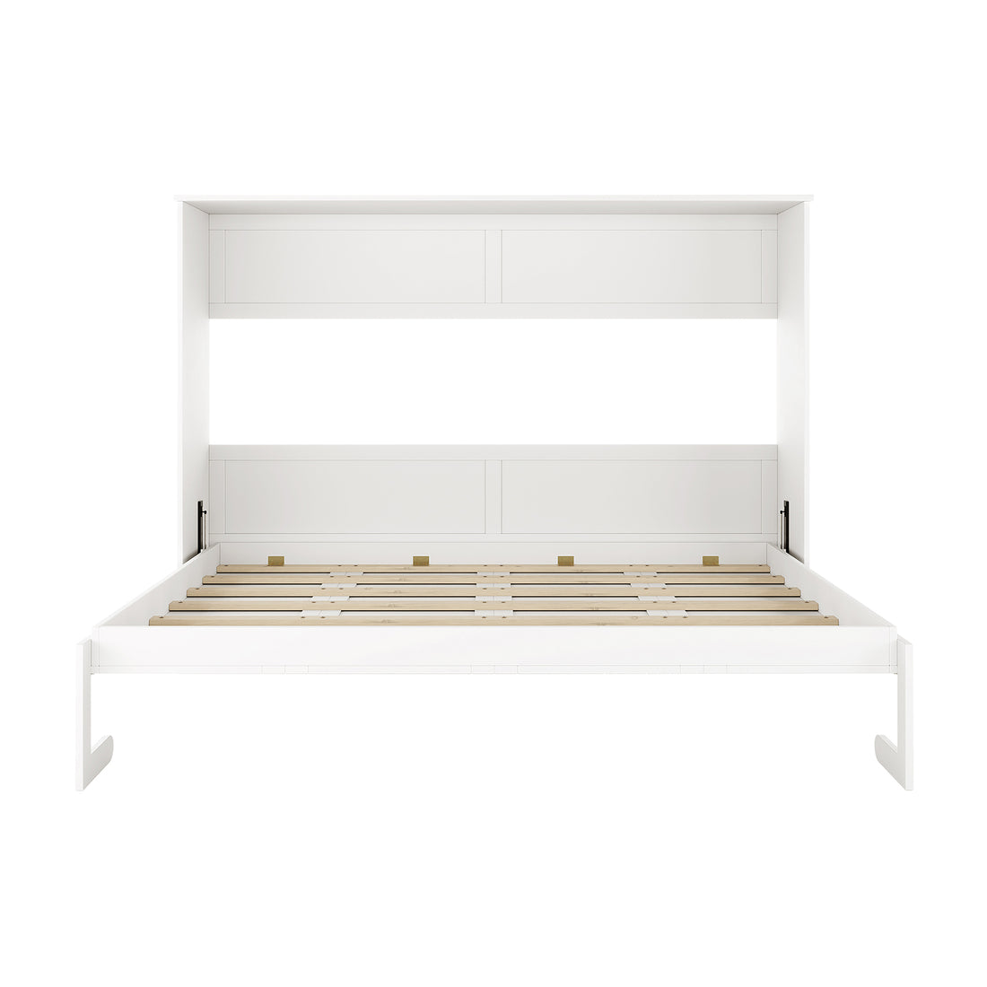 Leeton Space-Saving Queen Foldout Wall Bed White open, showing a tall headboard cabinet with two overhead storage doors and a slatted wooden platform, featuring gas-spring hinges for easy folding.