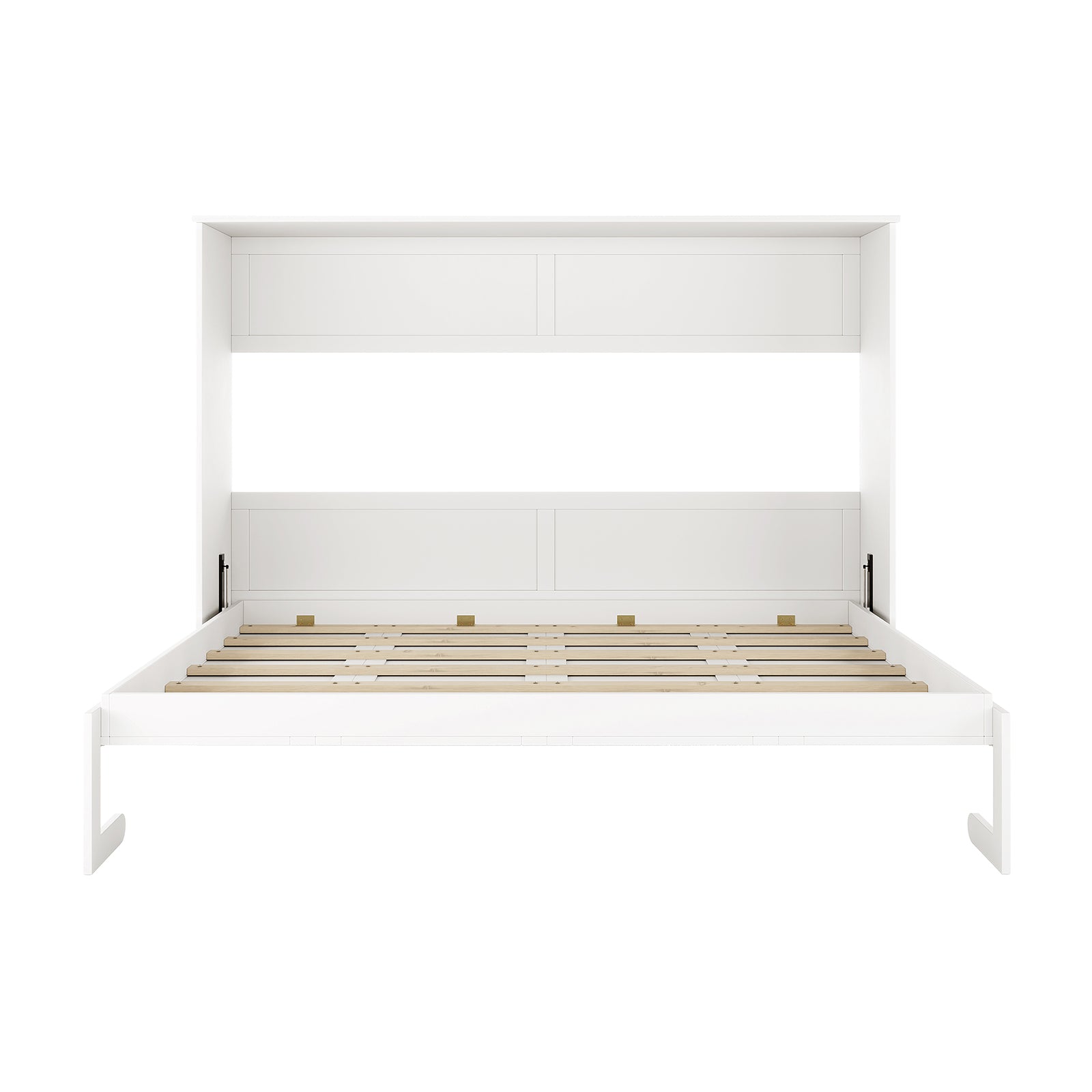 Leeton Space-Saving Queen Foldout Wall Bed White open, showing a tall headboard cabinet with two overhead storage doors and a slatted wooden platform, featuring gas-spring hinges for easy folding.