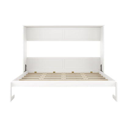 Leeton Space-Saving Queen Foldout Wall Bed White open, showing a tall headboard cabinet with two overhead storage doors and a slatted wooden platform, featuring gas-spring hinges for easy folding.