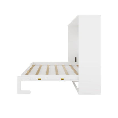 Leeton Space-Saving Queen Foldout Wall Bed White, shown unfolded with wooden slats, gold hinge brackets, and a left supporting leg, next to a vertical cabinet where it folds away.