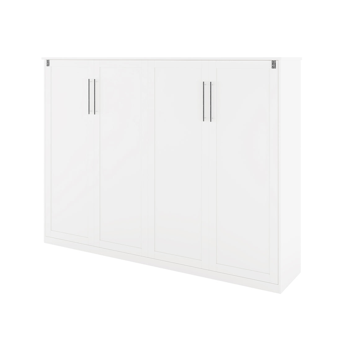 Leeton Space-Saving Queen Foldout Wall Bed White, featuring a sleek gloss finish, four-door panel design, and slim metal handles, effortlessly transforms from a double dresser to a queen bed.