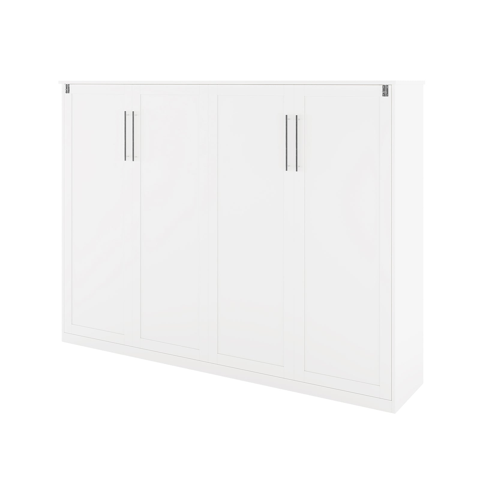 Leeton Space-Saving Queen Foldout Wall Bed White, featuring a sleek gloss finish, four-door panel design, and slim metal handles, effortlessly transforms from a double dresser to a queen bed.