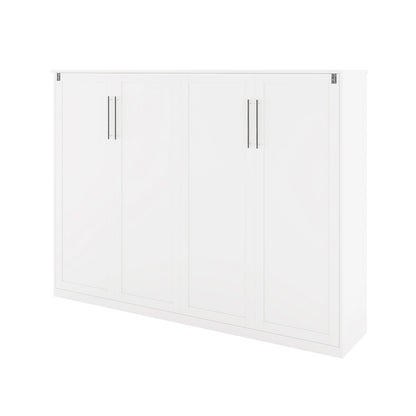 Leeton Space-Saving Queen Foldout Wall Bed White, featuring a sleek gloss finish, four-door panel design, and slim metal handles, effortlessly transforms from a double dresser to a queen bed.