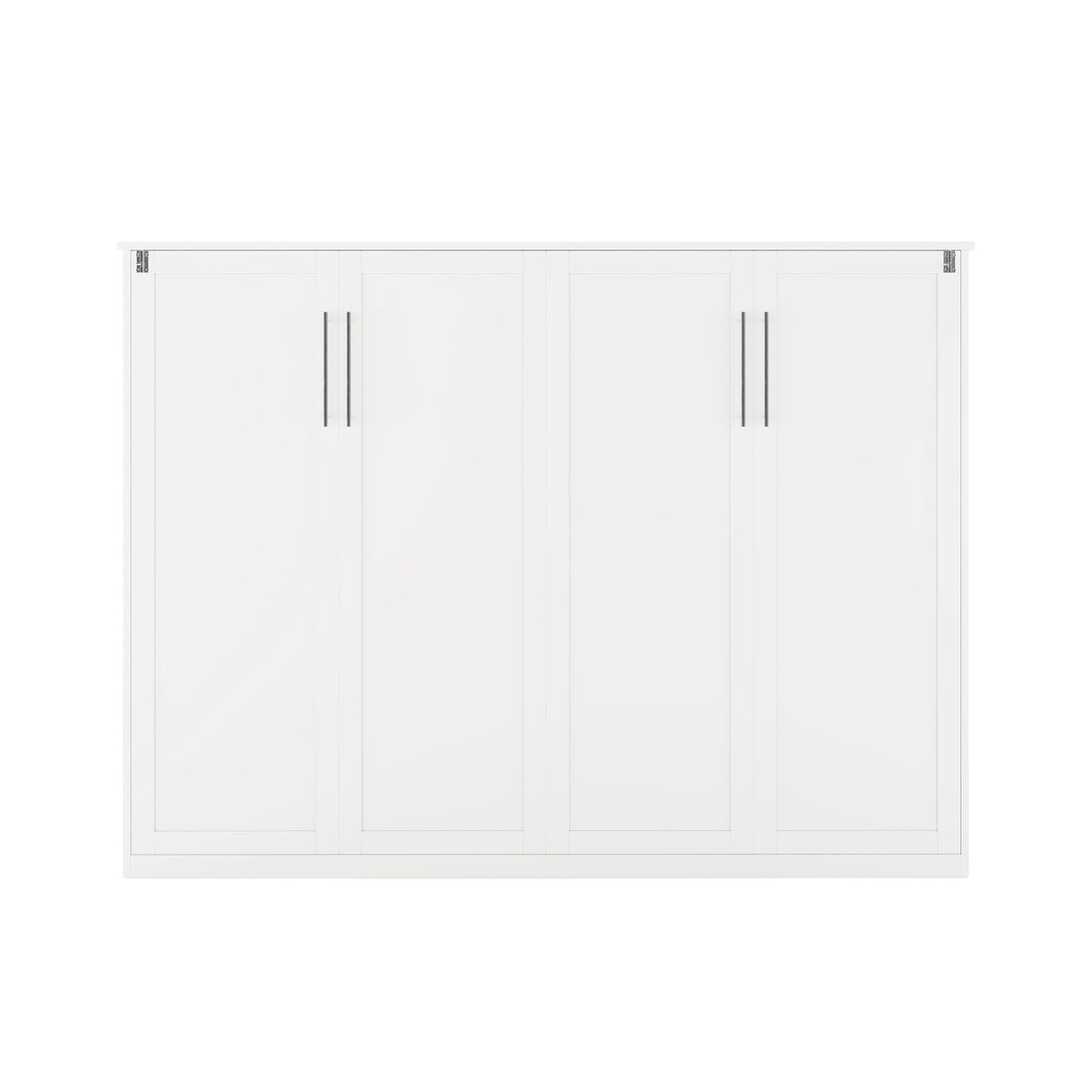 Leeton Space-Saving Queen Foldout Wall Bed White, featuring a modern white cabinet design with four tall doors, each pair sharing vertical metal handles, seamlessly blending into a sleek double dresser appearance.