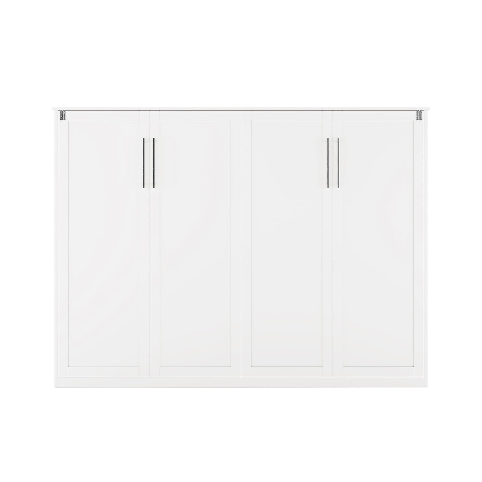 Leeton Space-Saving Queen Foldout Wall Bed White, featuring a modern white cabinet design with four tall doors, each pair sharing vertical metal handles, seamlessly blending into a sleek double dresser appearance.