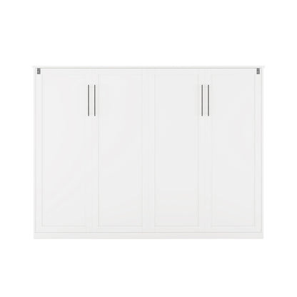 Leeton Space-Saving Queen Foldout Wall Bed White, featuring a modern white cabinet design with four tall doors, each pair sharing vertical metal handles, seamlessly blending into a sleek double dresser appearance.